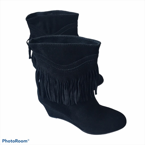 STEVEN Eragon Black Suede Wedge Fringe Boots Size 9 NWT - Picture 2 of 14